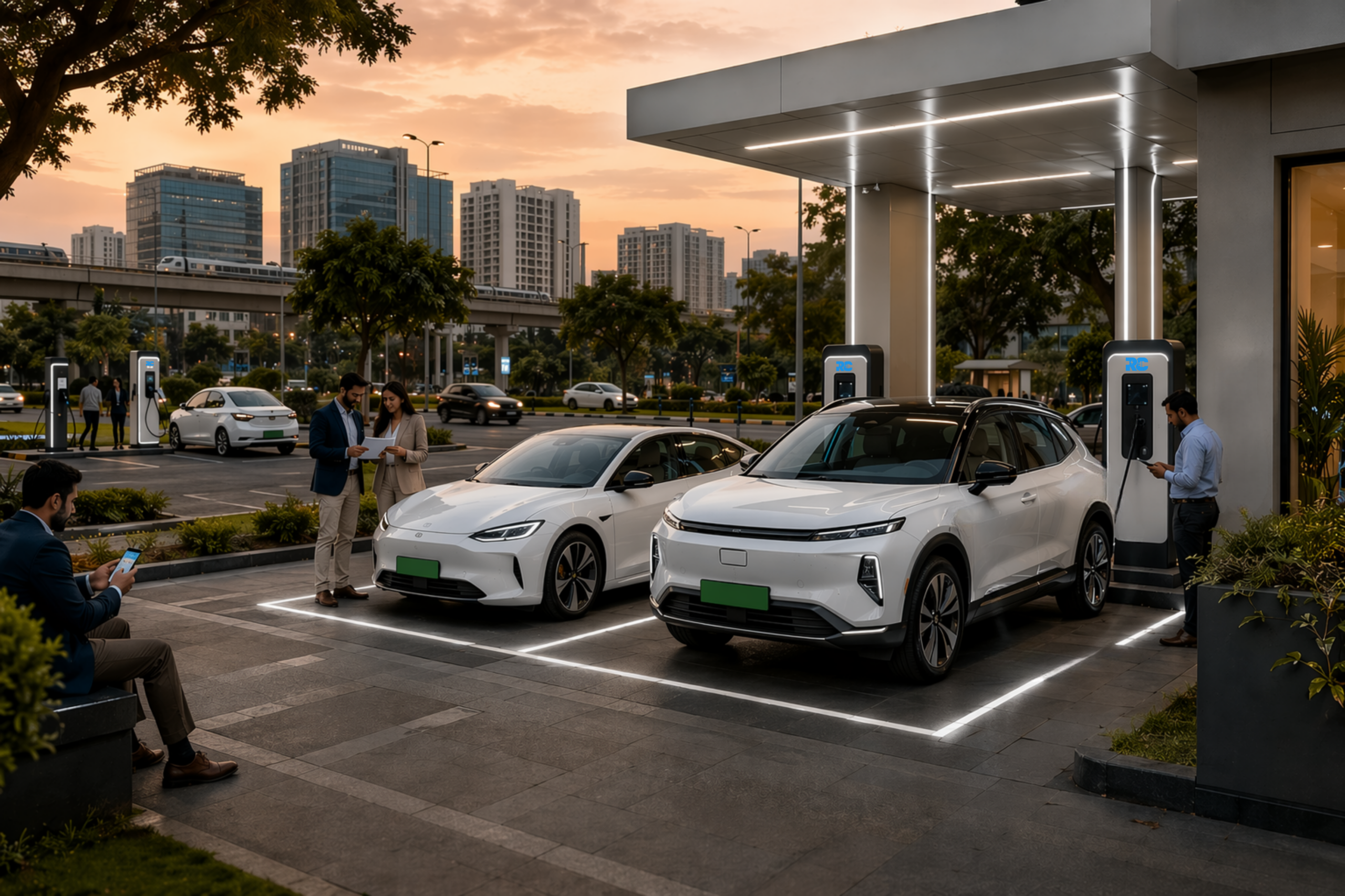 Electric SUVs charging at a public charging station
